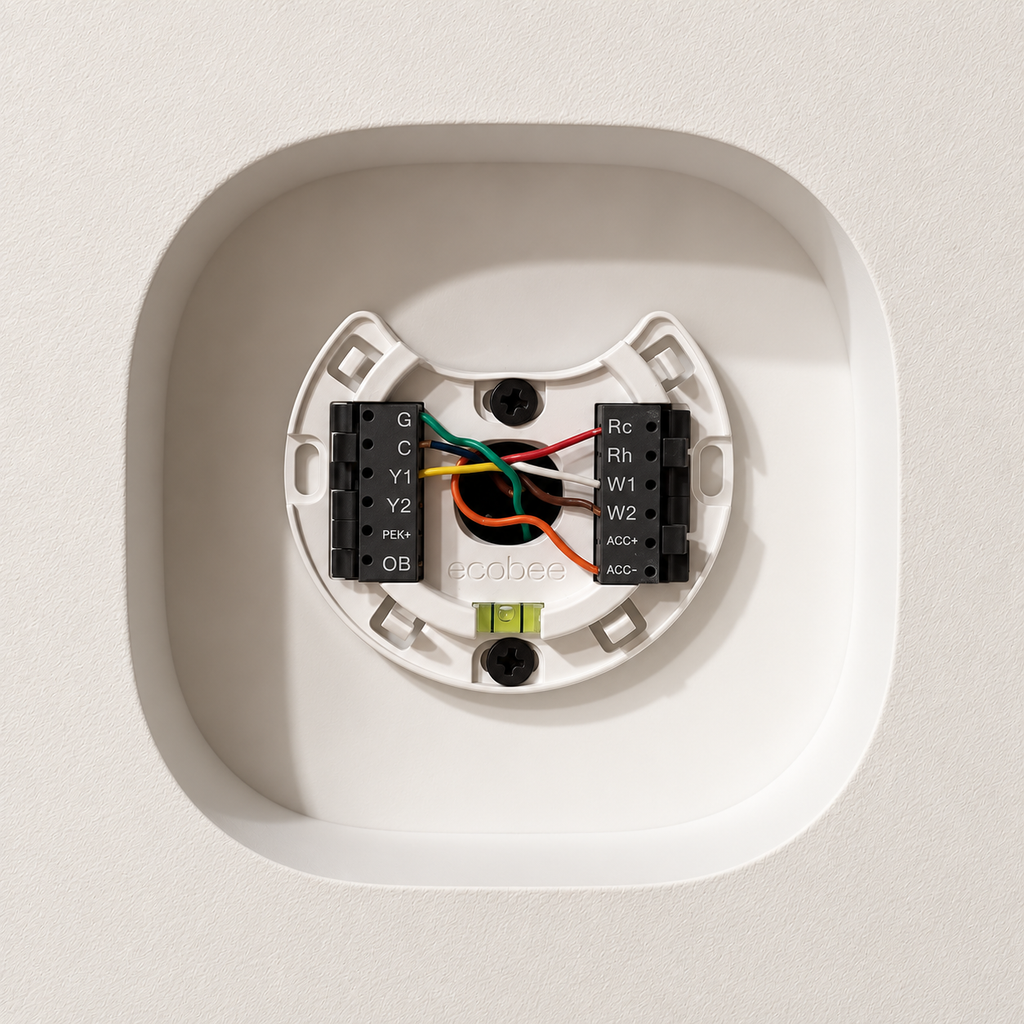 White contoured Ecobee Premium drywall niche showing the thermostat mounting backplate and wiring before the face is fitted