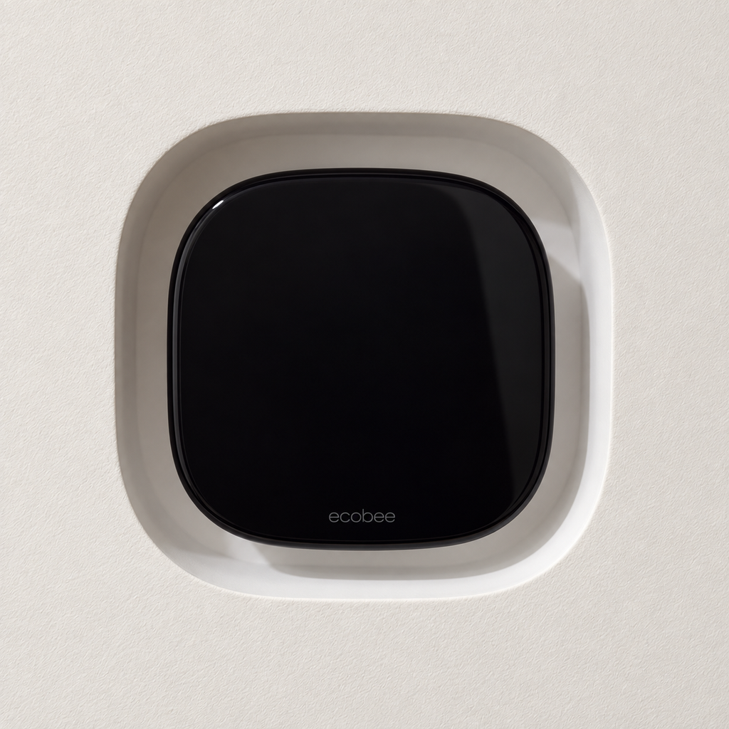 Ecobee Smart Thermostat Premium installed in a white contoured trimless drywall niche on a finished wall
