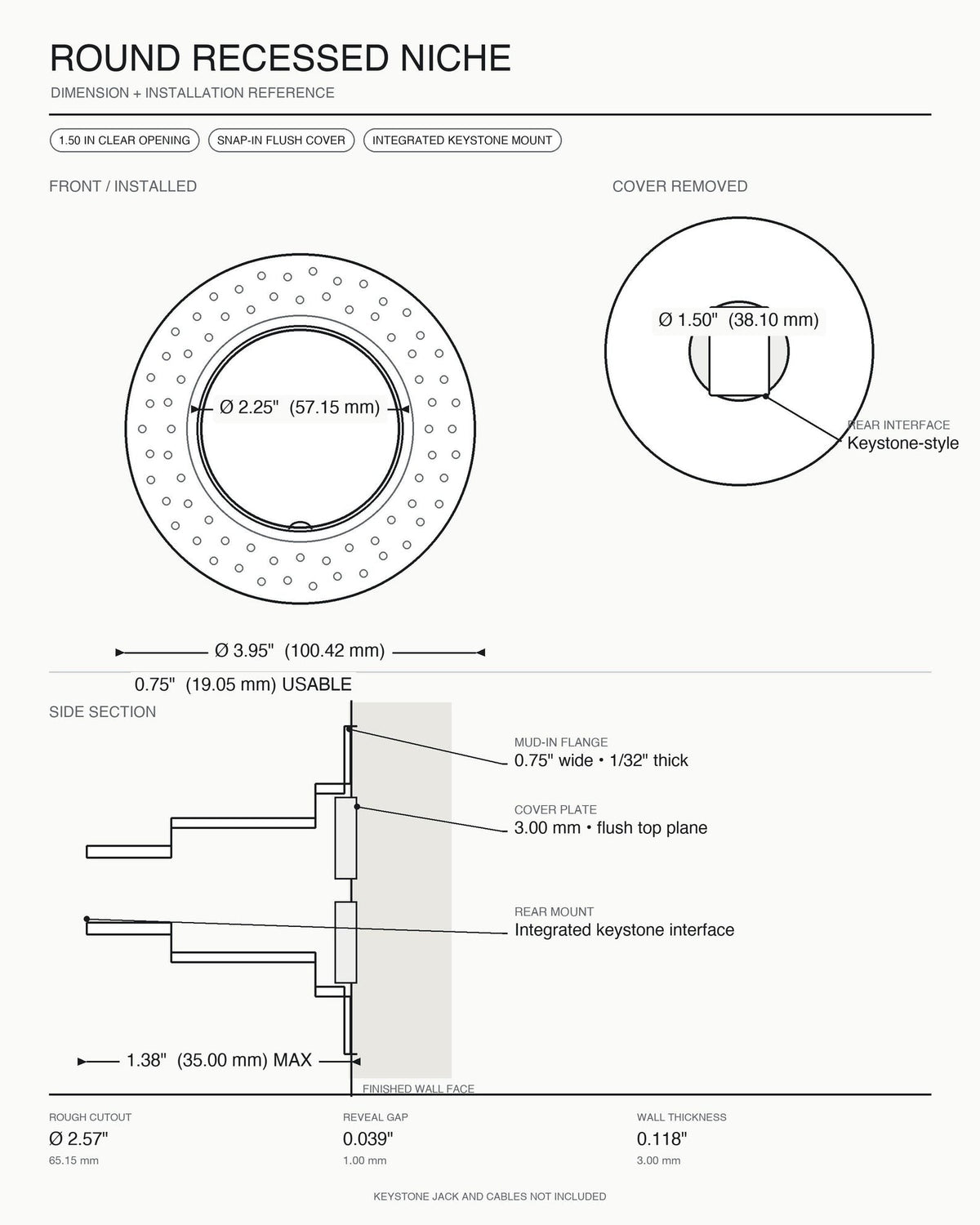 Dimension drawing for the Cat6 Ethernet round wall niche and concealing lid