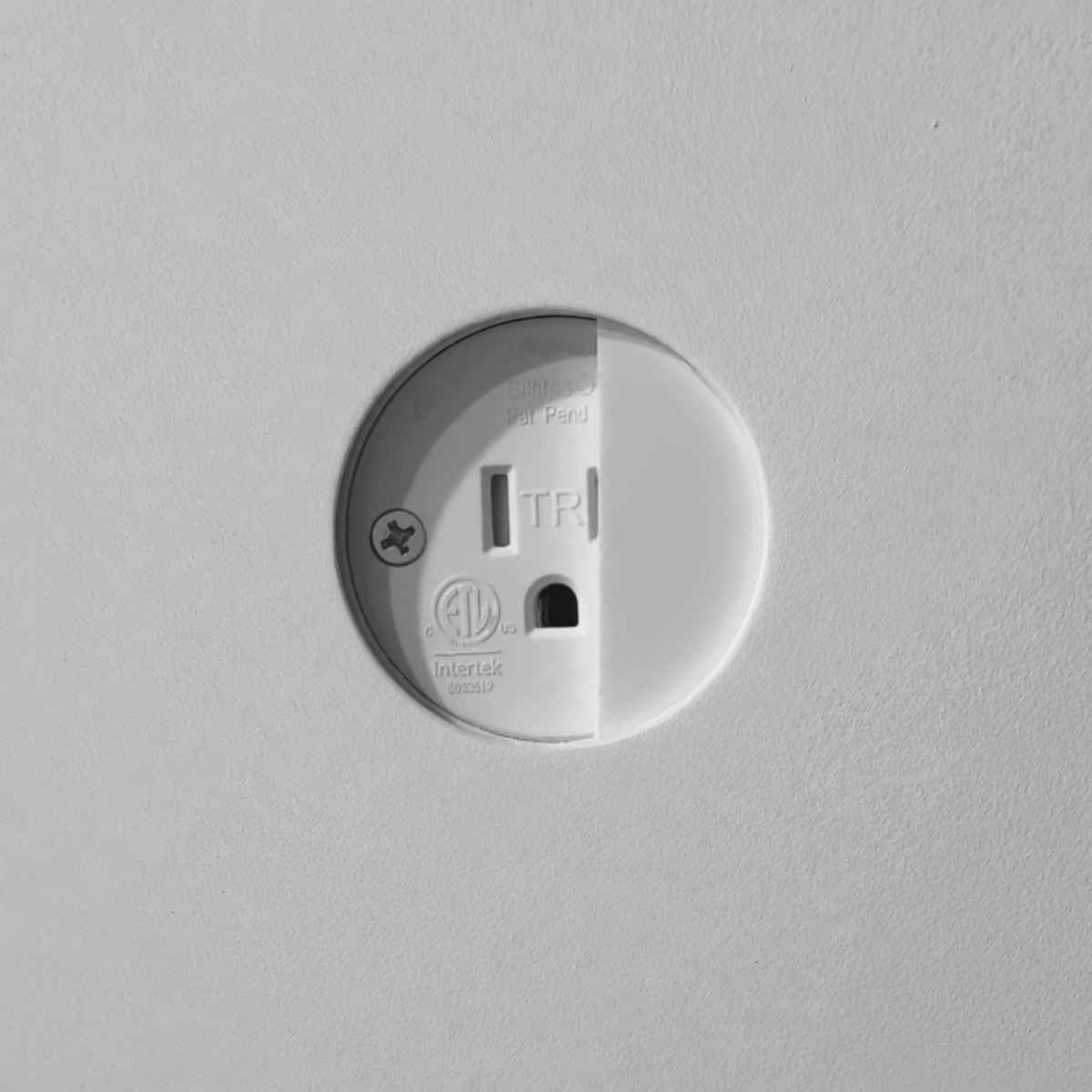 Finished concealed outlet installed flush with the wall, with its sliding lid partly open