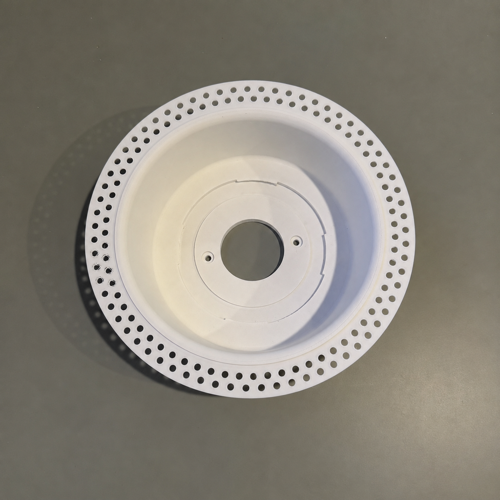 White round detector device trimless drywall mount with the complete flared opening and perforated mud-in flange visible.