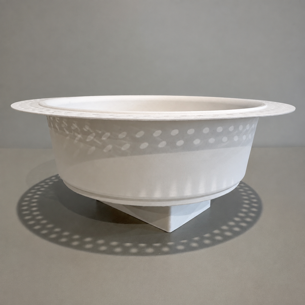 Side profile of the white round trimless drywall mount with the optional integrated low-voltage rear enclosure.