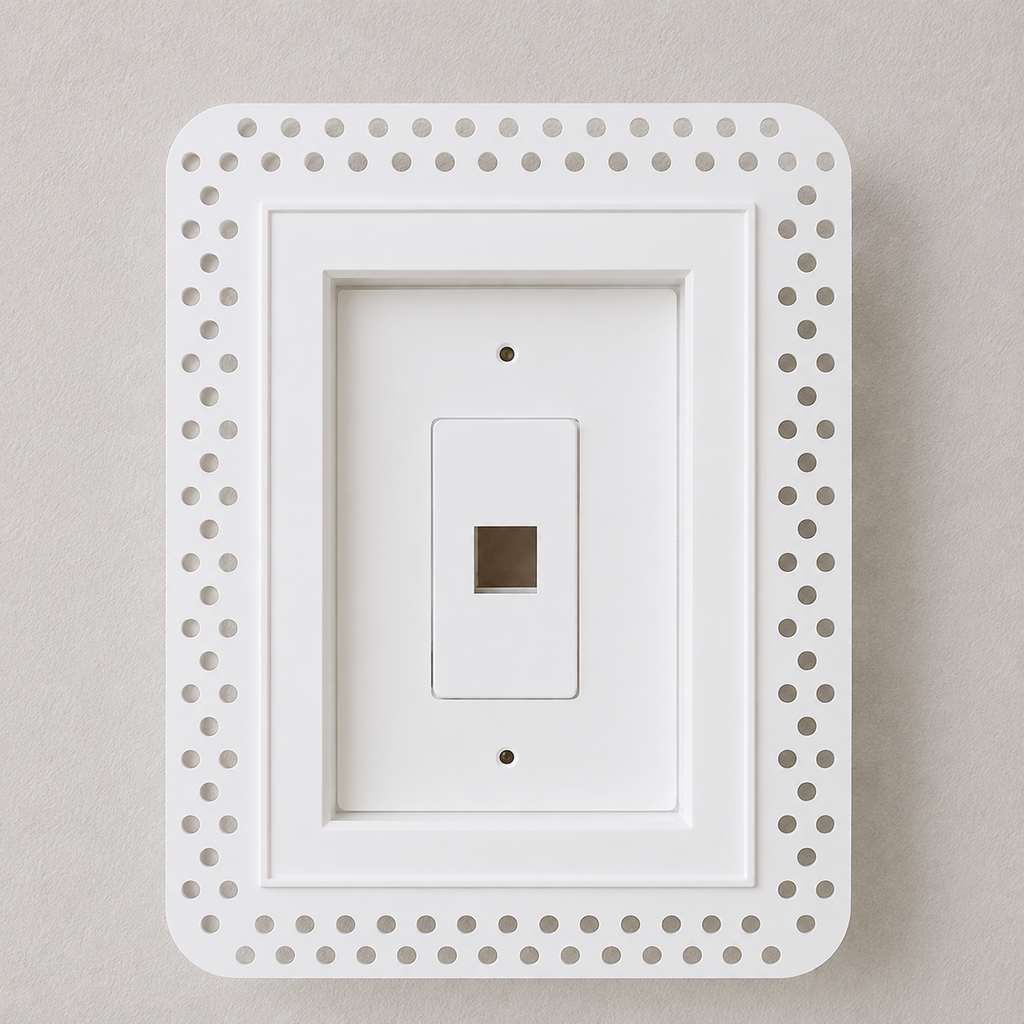 White trimless recessed low-voltage wall plate enclosure with perforated mud-in flange