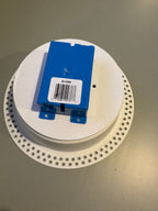 Rear view of the round trimless drywall mount with an external electrical box shown for reference; box not included.
