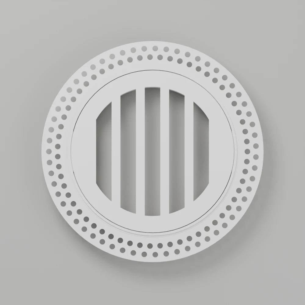 White round flush drywall vent with five openings and a perforated mud-in flange — product rendering