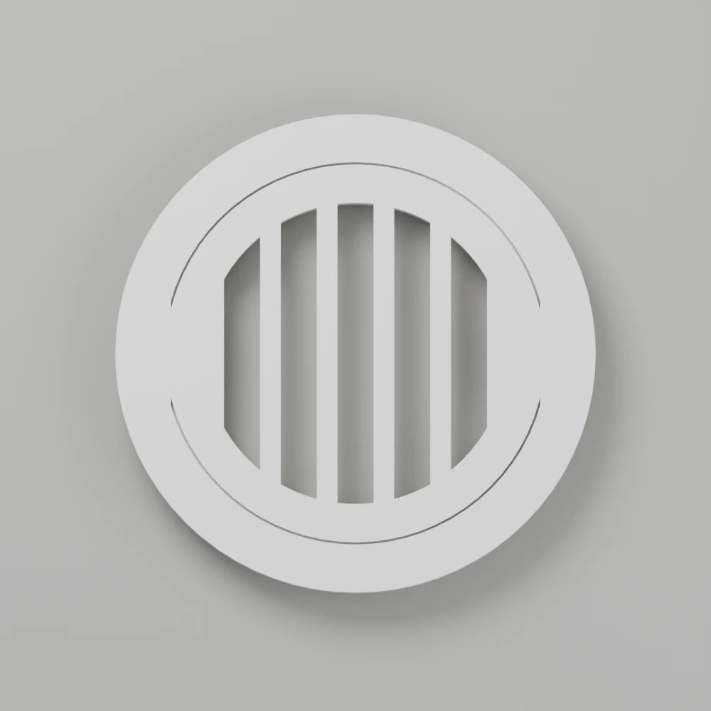 White round framed drywall vent with five openings — product rendering