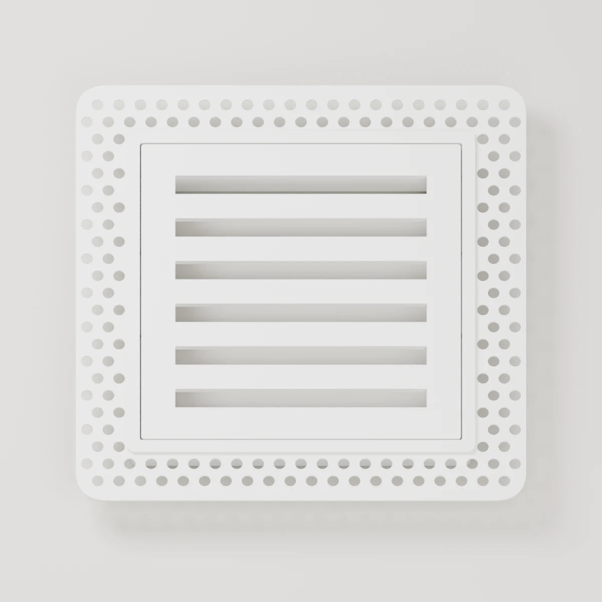 White square flush drywall vent with six horizontal openings and a perforated mud-in flange — product rendering